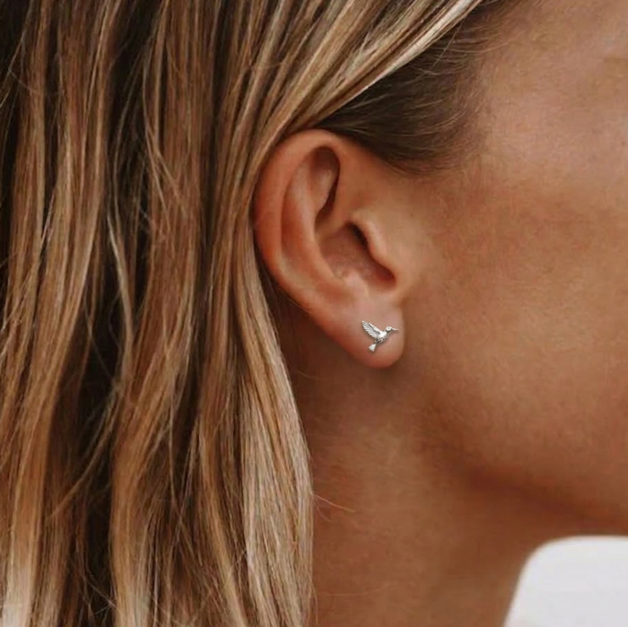 Maži sidabro spalvos auskarai kolibriai